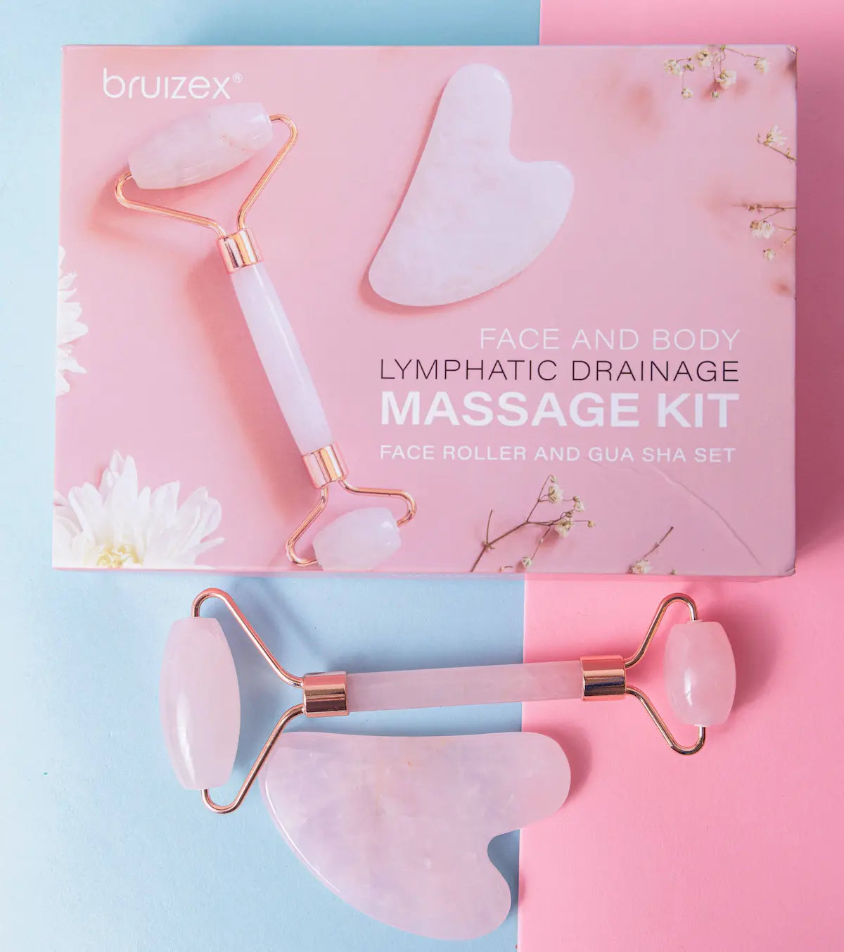 Lymphatic Drainage Face Massager Set: Rose Quartz Face Roller & Gua Sha